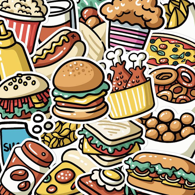 44 Cartoon Food Waterproof DIY Stickers For Water Bottle Laptop Car  Computer Scrapbooking Skateboard, Cute Snack Cookie Hamburger Stickers For  Teens K